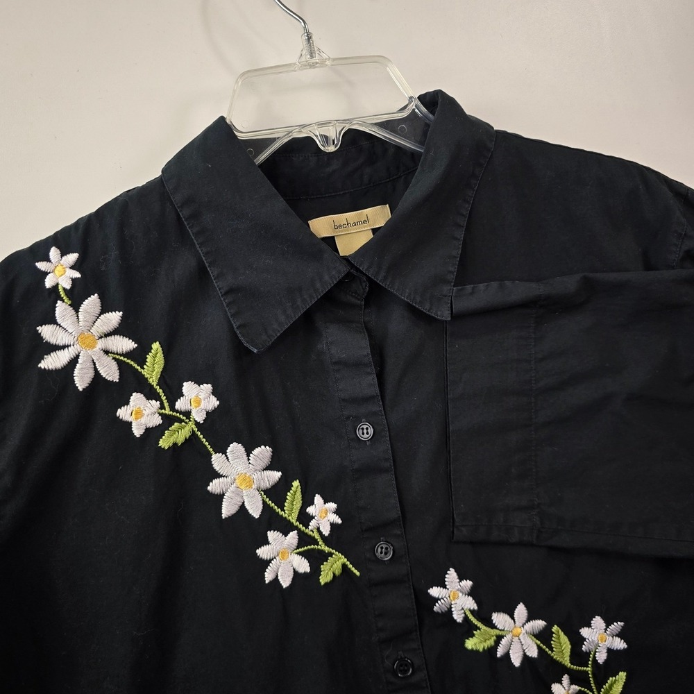 Bechamel Cotton Embroidered Daisy Button Up Shirt 3/4 Sleeve Womens Large Black‎ - Picture 8 of 8